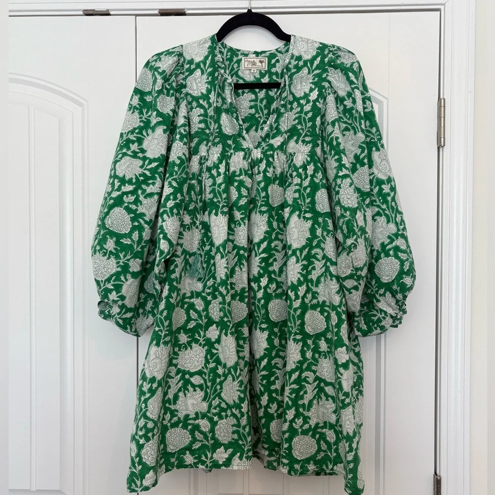 Mille Daisy Dress Size Medium Green Zinnia Print Tassels - Picture 4 of 12